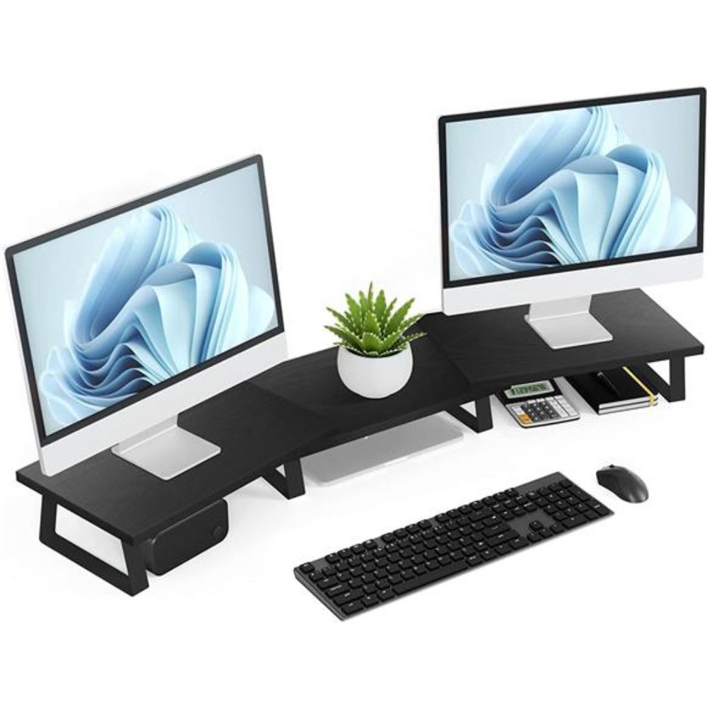 Desk Dual Monitor Stand Riser - Computer Stand, Wood Monitor Stand (Black)